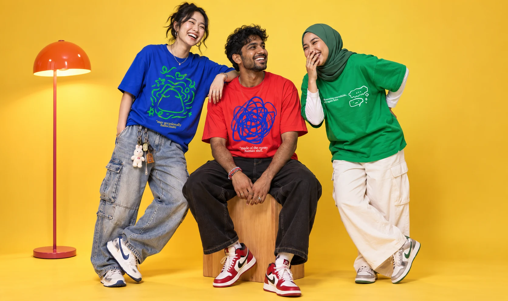 Community members laughing together, wearing the Flourishing Futures merch tees.